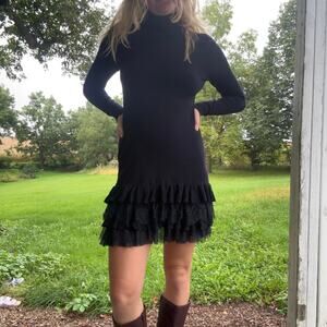 Venus Navy Blue Turtleneck Lace Ruffle Sweater Dress Long Sleeve Mini Size Small